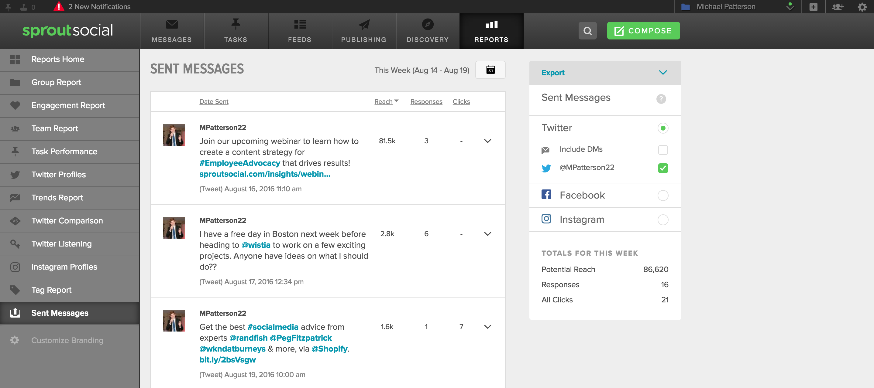 Sprout Social Sent Messages Report