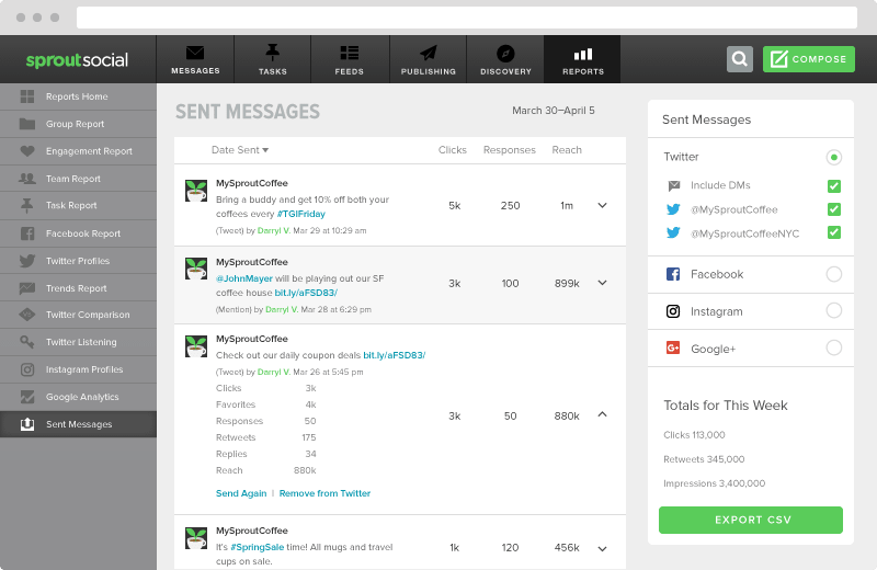 sprout social sent messages report