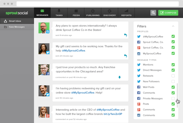 social monitoring inbox screen