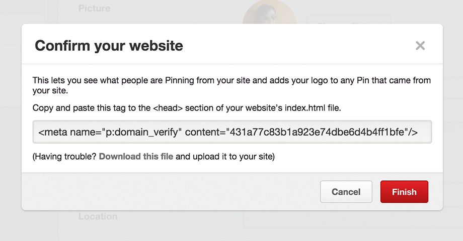 confirm website in pinterest