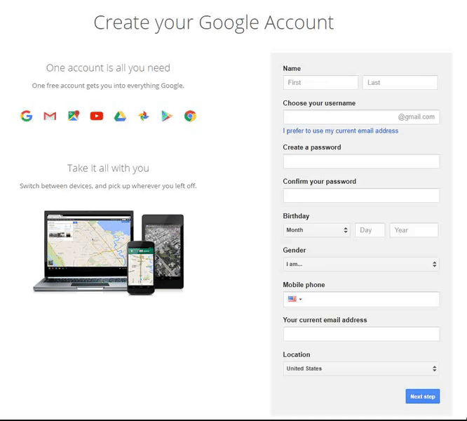 Google account creation screen