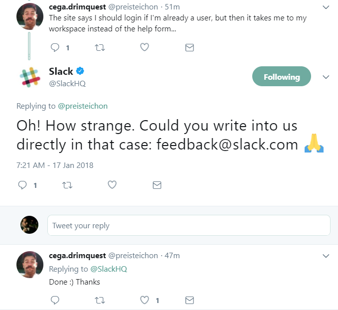 Slack's Twitter account is extremely active and handles customer concerns quickly