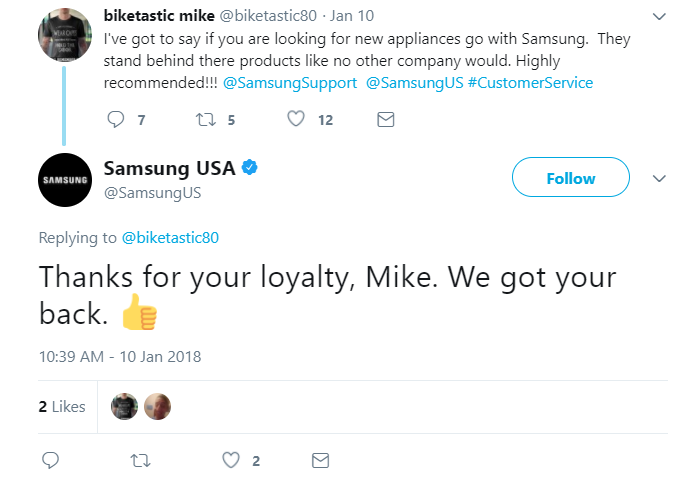 Brands like Samsung frequently thank their satisfied customers via social
