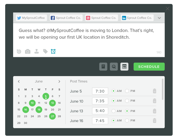 Sprout offers social scheduling across multiple social networks.