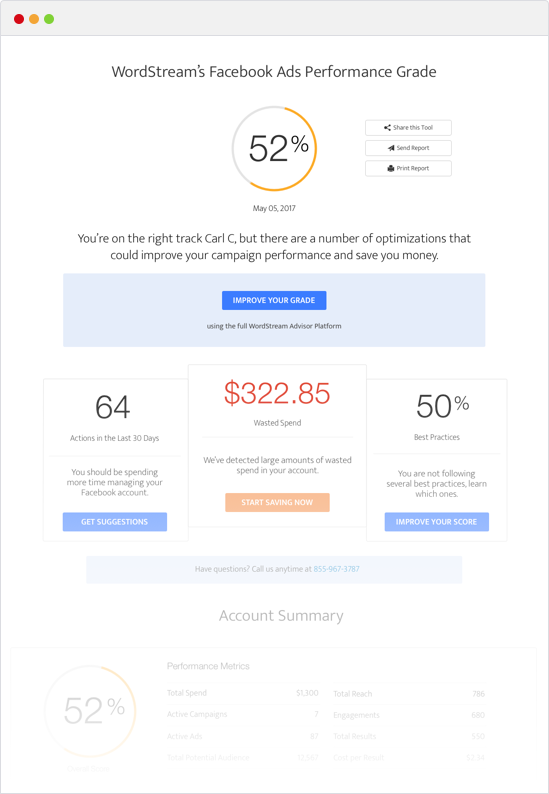 WordStream's Ad Grader assigns a score to your Facebook ads
