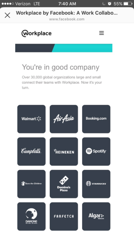 workplace by facebook landing page