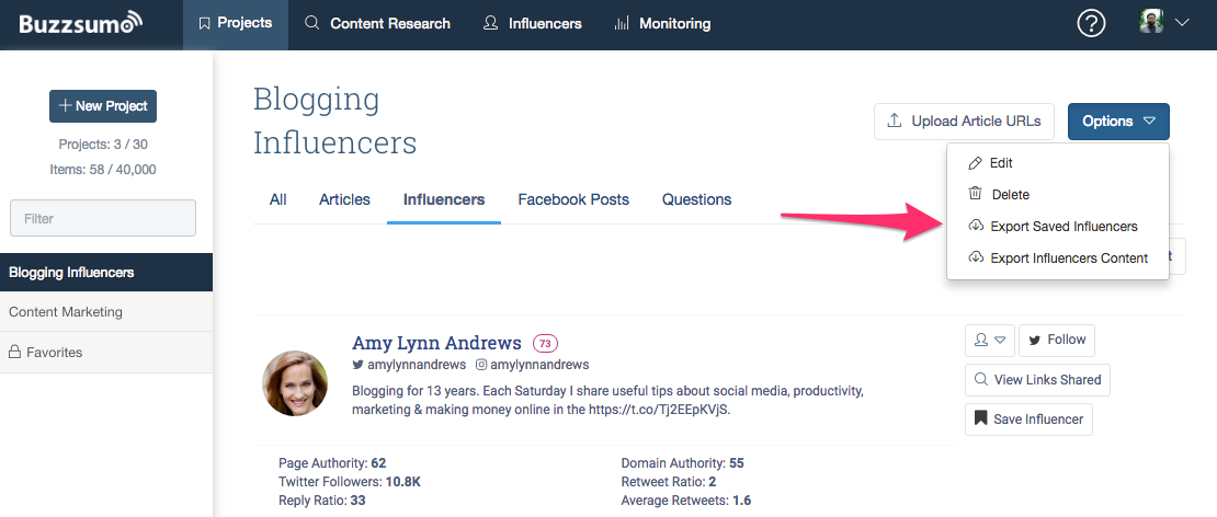 Buzzsumo Export Influencers List