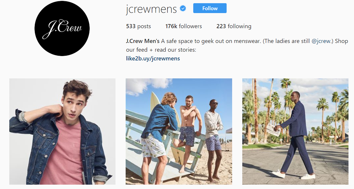J.Crew has a separate Instagram account for its menswear while their main account is labeled "ladies-only"