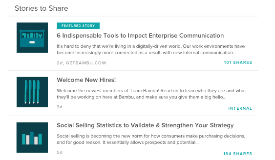 Bambu's "stories to share" section for employee advocacy