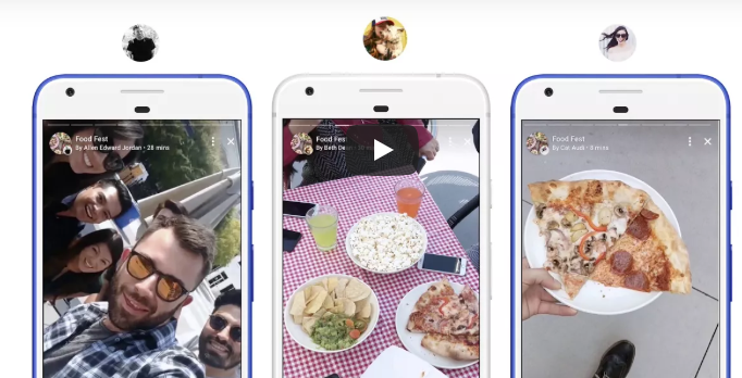 An example of Facebook's "Collaborative Stories" feature with 3 videos showing alternative angles in a story.