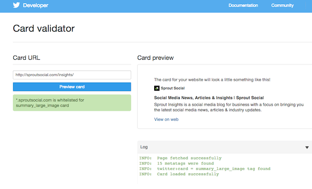 Screenshot of the Card Validator tool for Twitter Cards