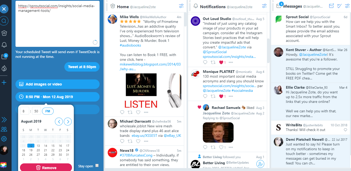 tweetdeck dashboard showing home, notifications and message columns