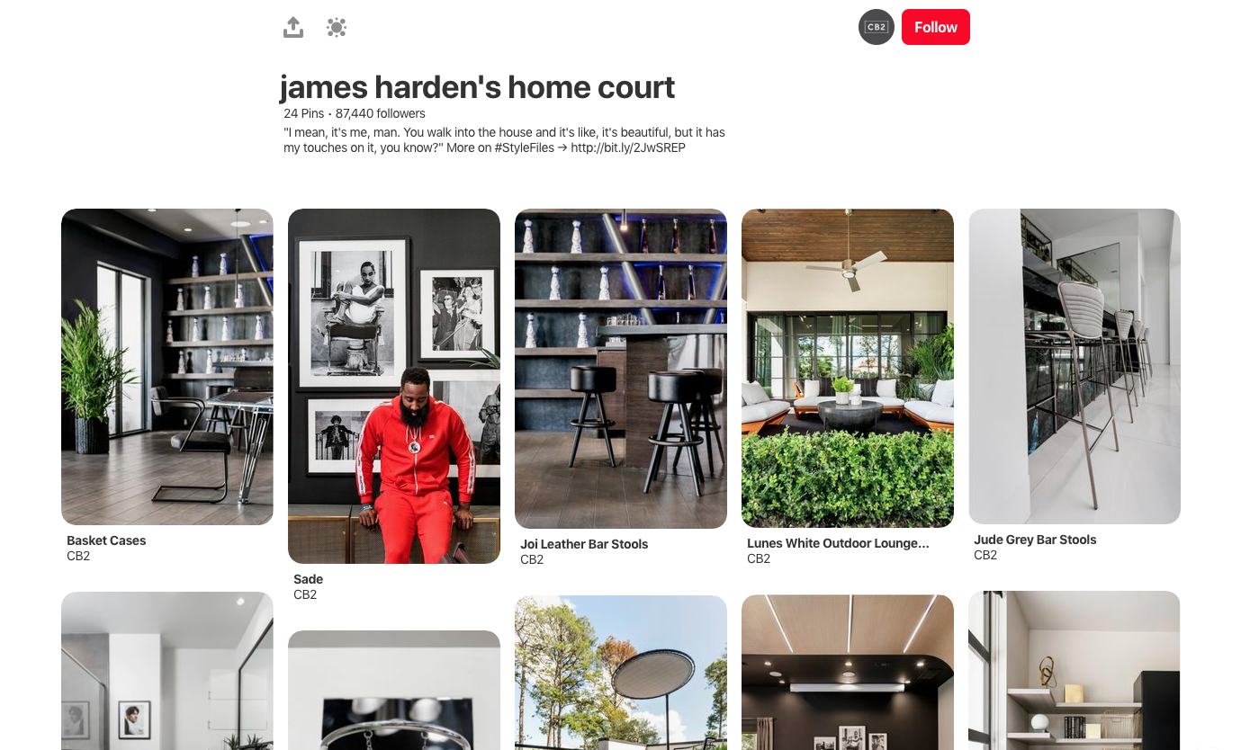 Pinterest CB2 example James Harden's Home Court