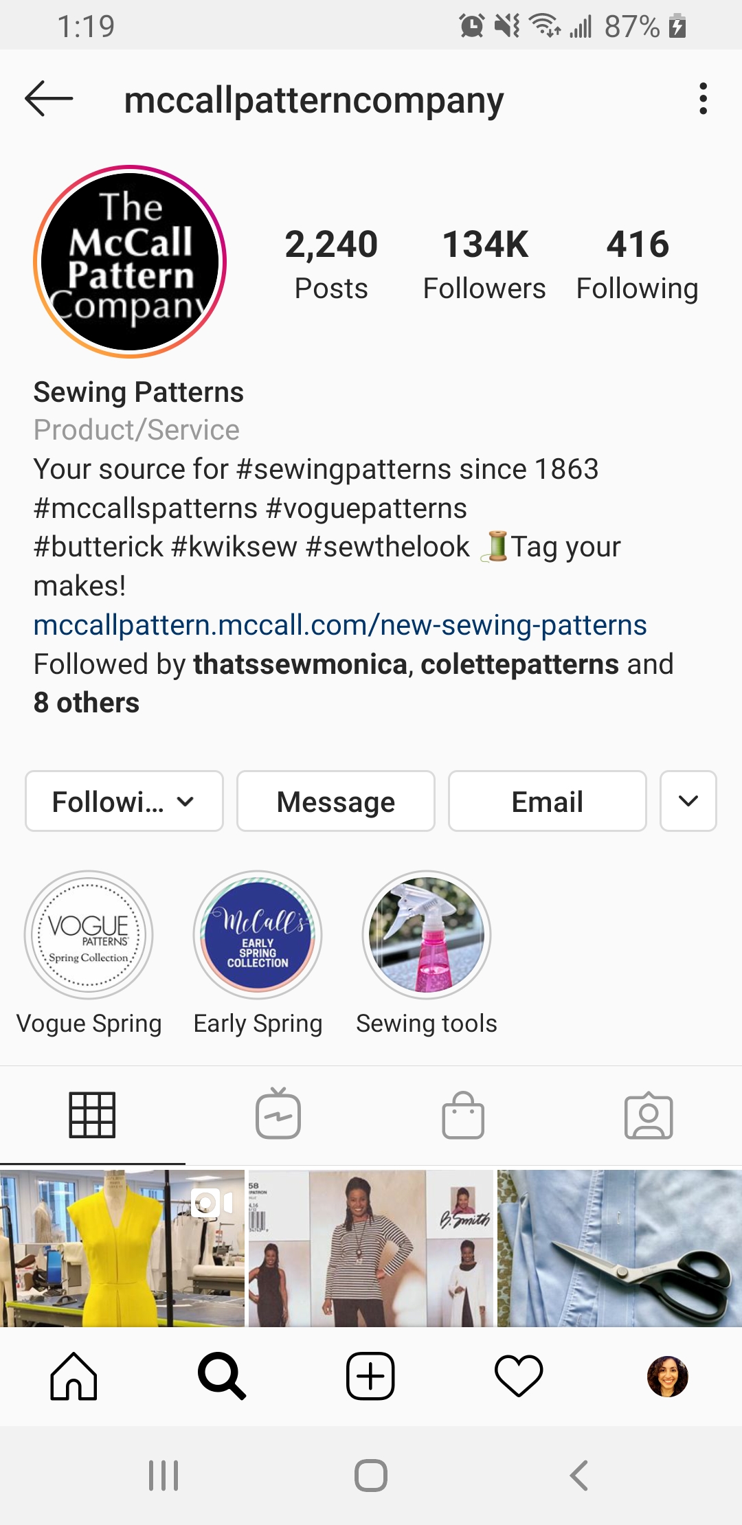 McCall's Pattern Company uses industry keywords as part of its Instagram profile name for searchability