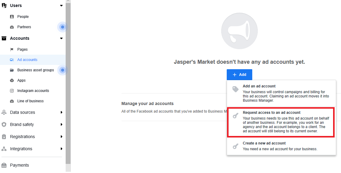 request access for ad account page