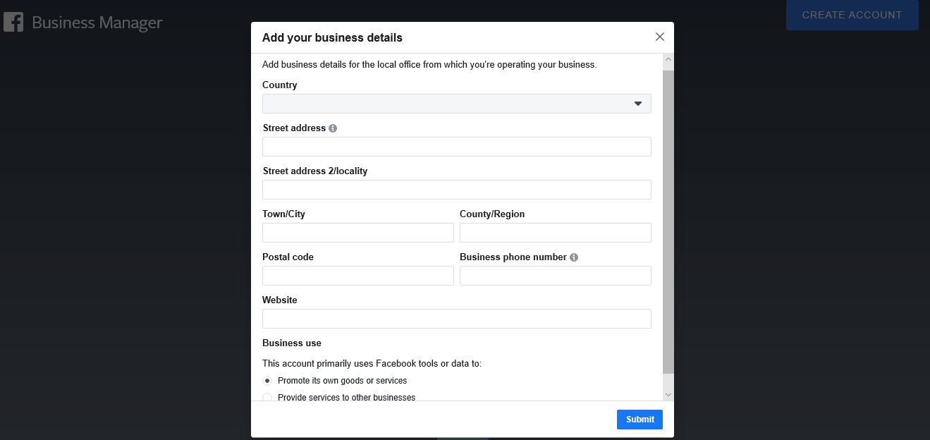 business manager account creation page 2