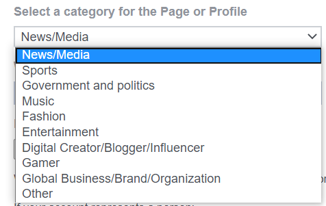 Menú desplegable de la categoría de la página para la verificación de Facebook