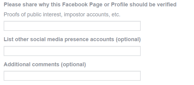 fields to justify why your Facebook Page should get verified