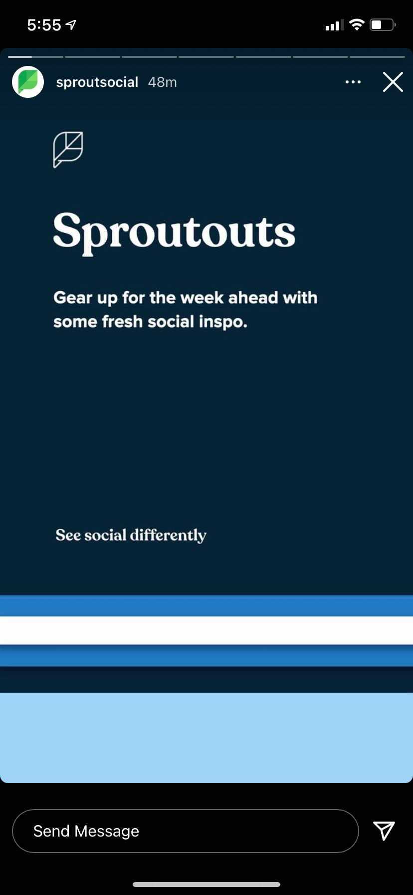 Instagram Story with a slide introducing weekly Sproutouts, or inspiration curated by Sprout Social