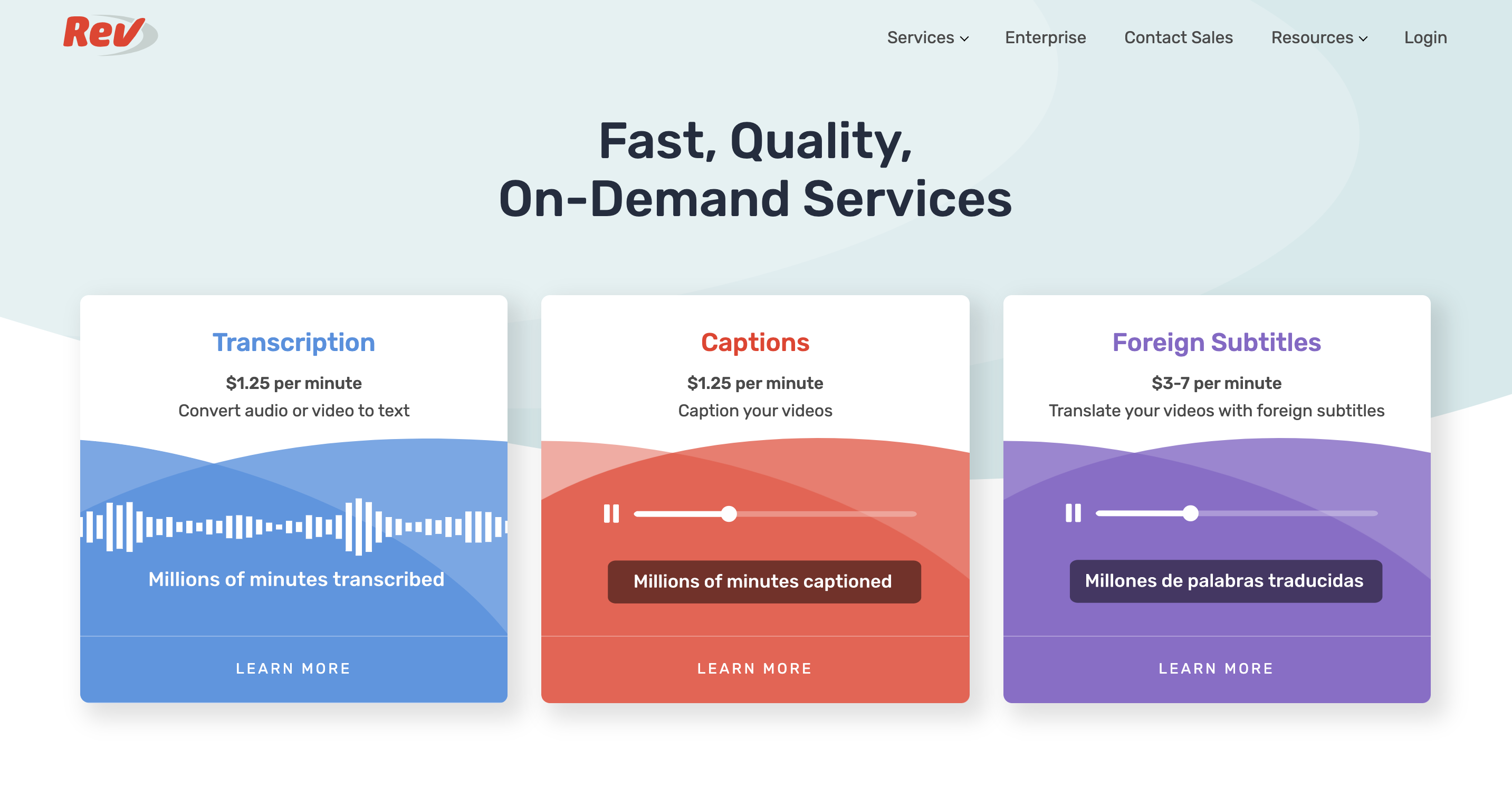 A screenshot of transcription company Rev's website home page.