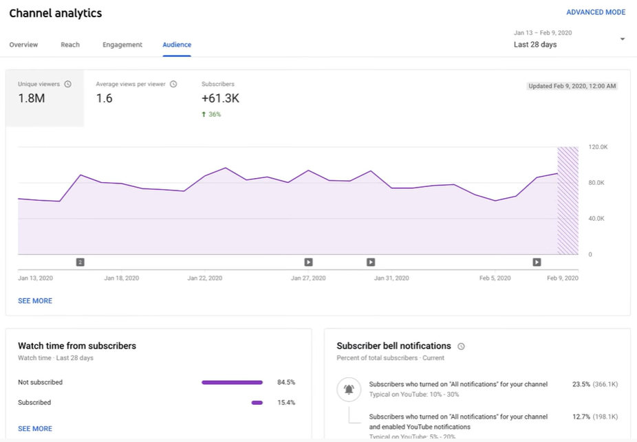 Screenshot example of YouTube subscriber analytics via YouTube app