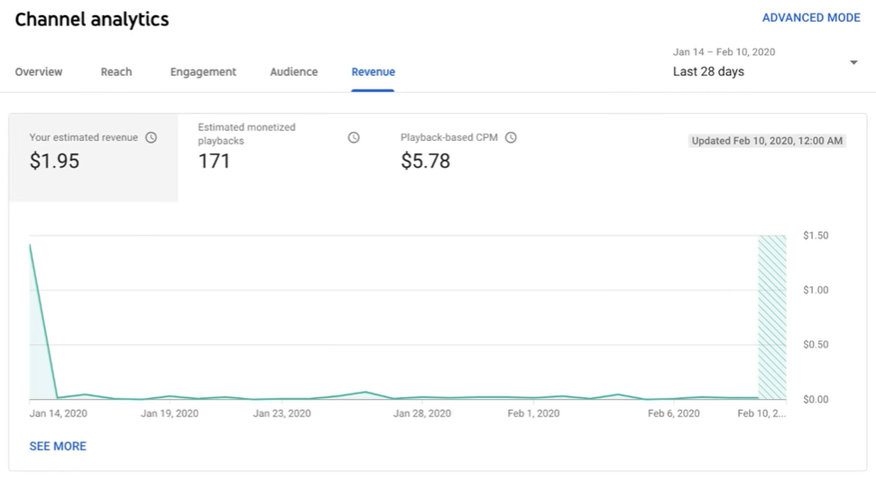 Screenshot of YouTube Analytics for Earnings