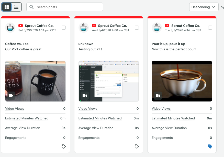 Screenshot of Sprout Social video reporting analytics