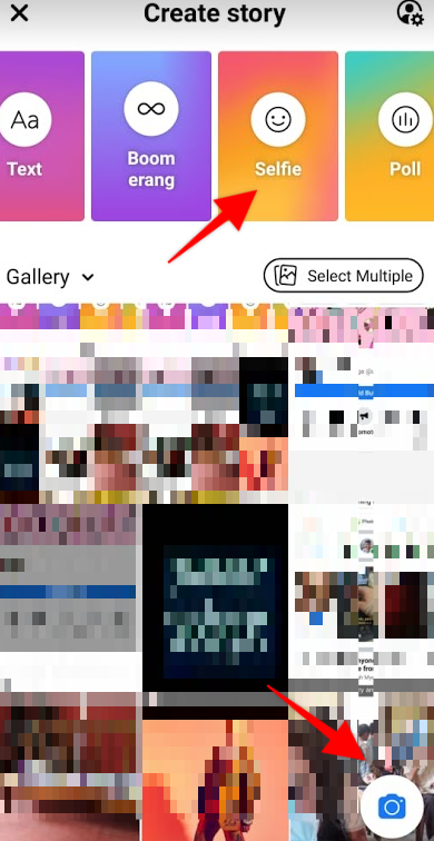 Setas apontando para a opção "câmera" no canto inferior direito para abrir a câmera do seu telefone para histórias do Facebook e outra apontando para o cartão "Selfies" na parte superior da tela.