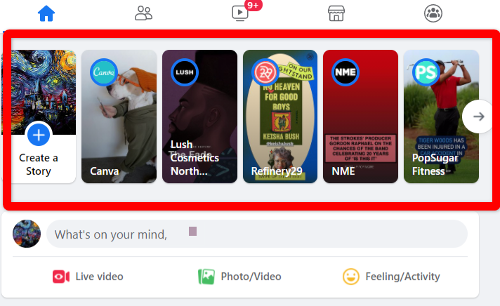 Red box around Facebook story cards that are located at the top of your newsfeed in both mobile and desktop