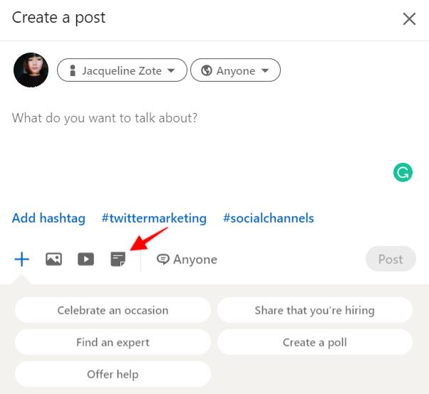 Fenêtre de création de publication de LinkedIn avec une flèche pointant vers l'icône du document