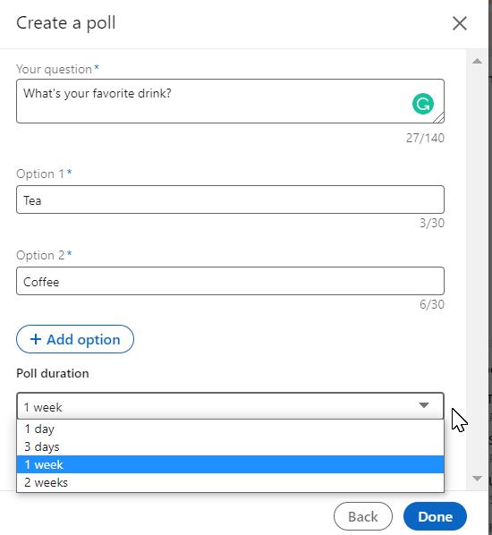 fields to create LinkedIn poll