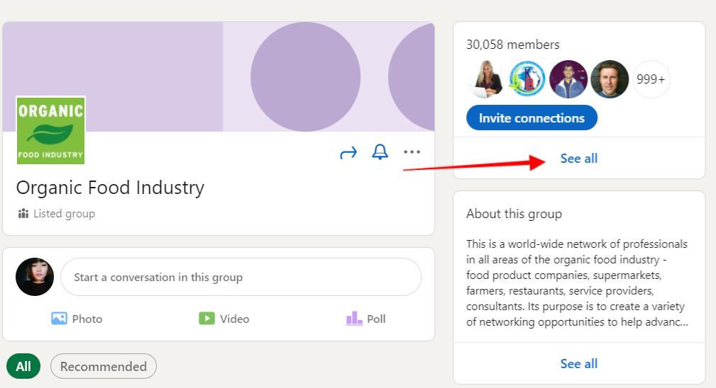 LinkedIn group page with arrow pointing to the "See all" button