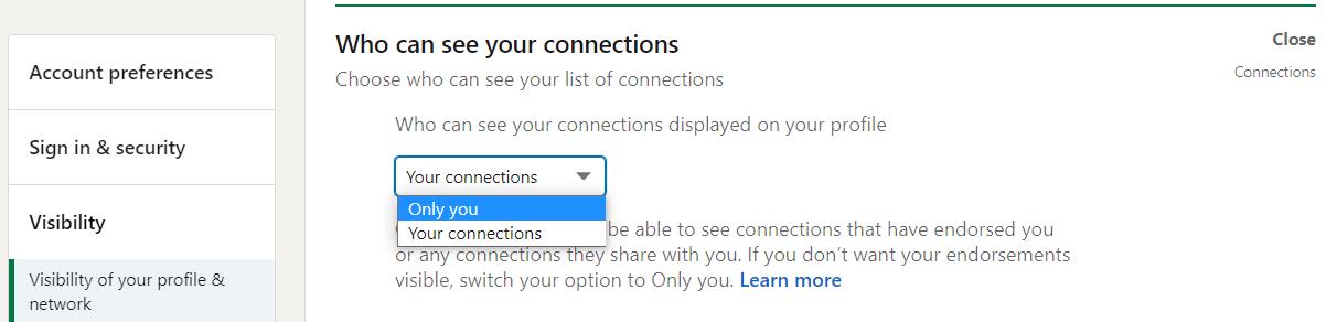 LinkedIn settings with a drop-down menu to display connections to only you or your connections