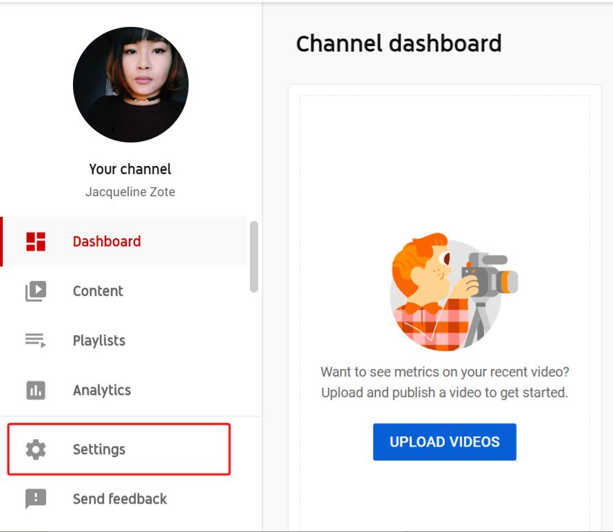 YouTube Creator Studio dashboard shows settings button with red mark