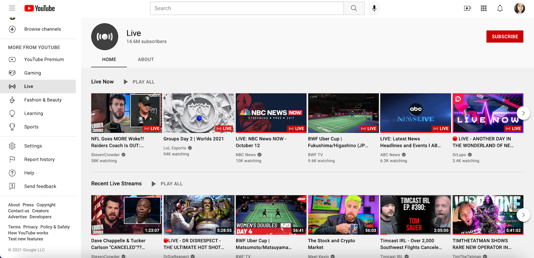 Youtube Live Browsing Destination