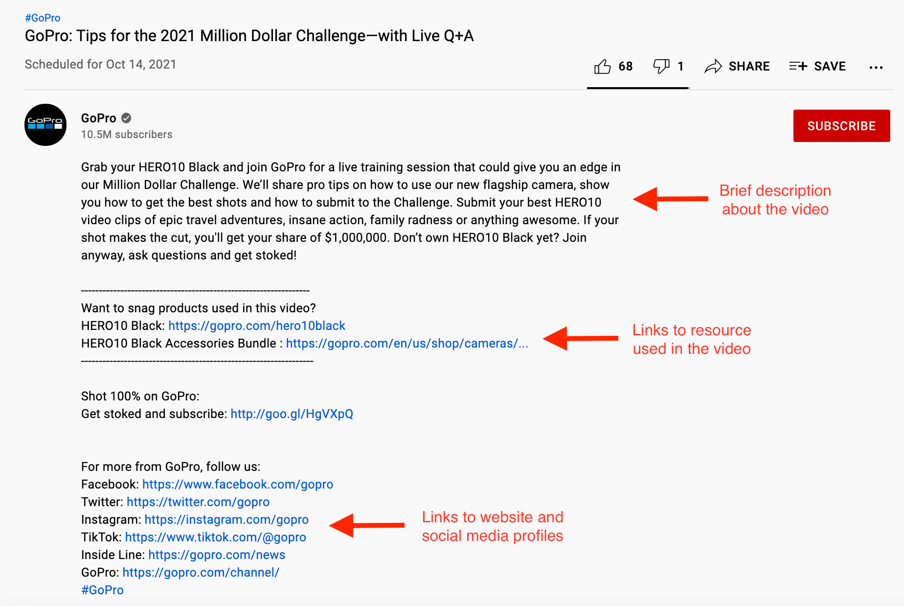 Screenshot of a video description on GoPro's channel that has three main parts: description of the video, links to resources mentioned in the video and links to GoPro's website and social profiles.