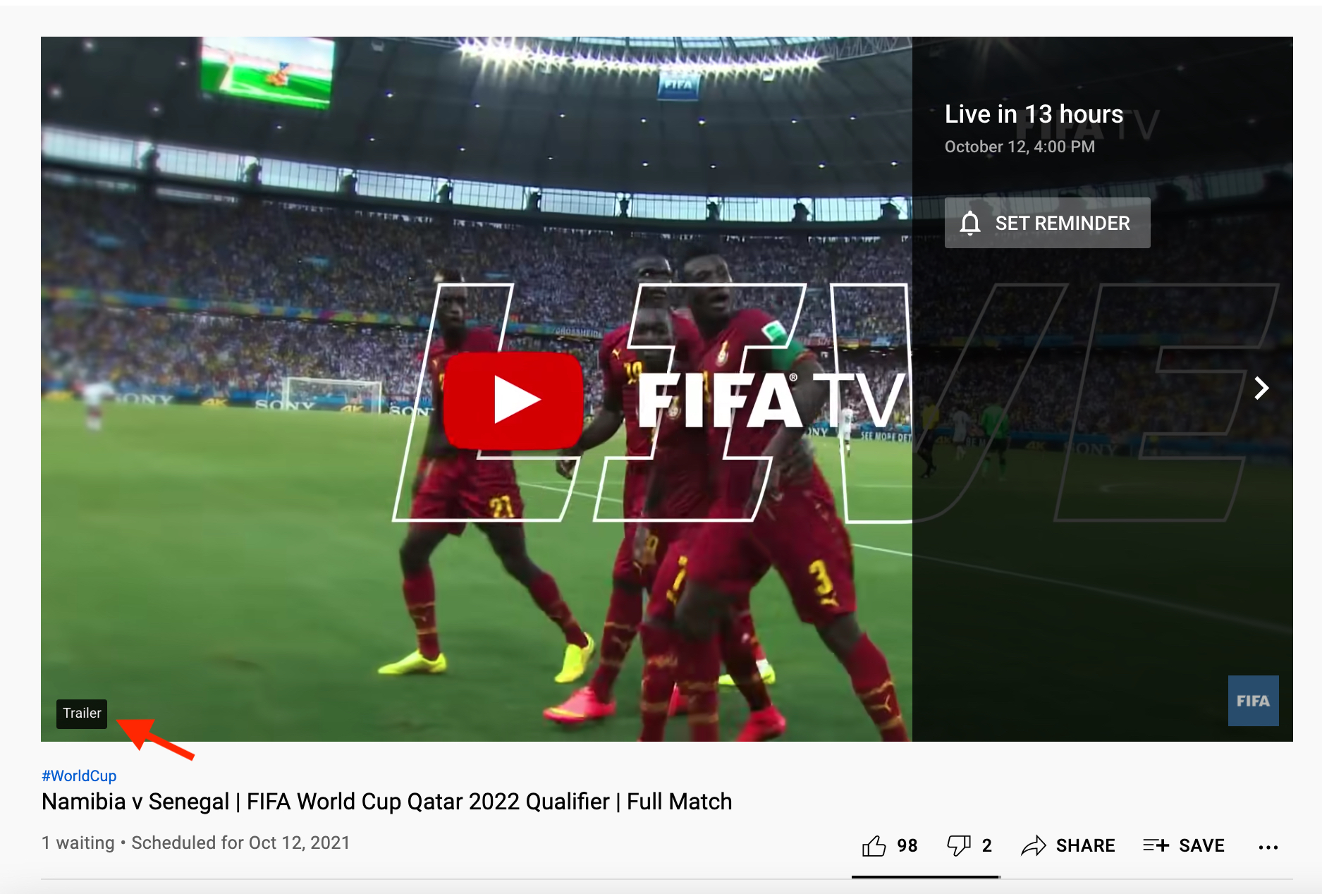 Screenshot of the FIFA World Cup 2022 Qualifier game on YouTube Live that includes a premiere and a reminder.