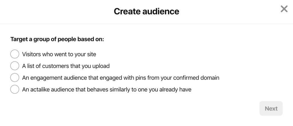 Pinterest ad target create audience options.