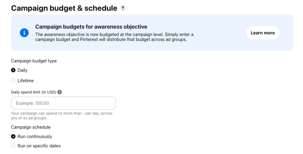 Screenshot of setting up Pinterest ad budget.