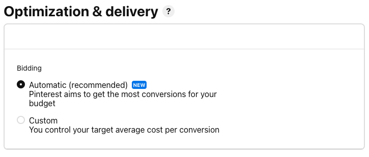 Pinterest ad budgeting and bidding options.