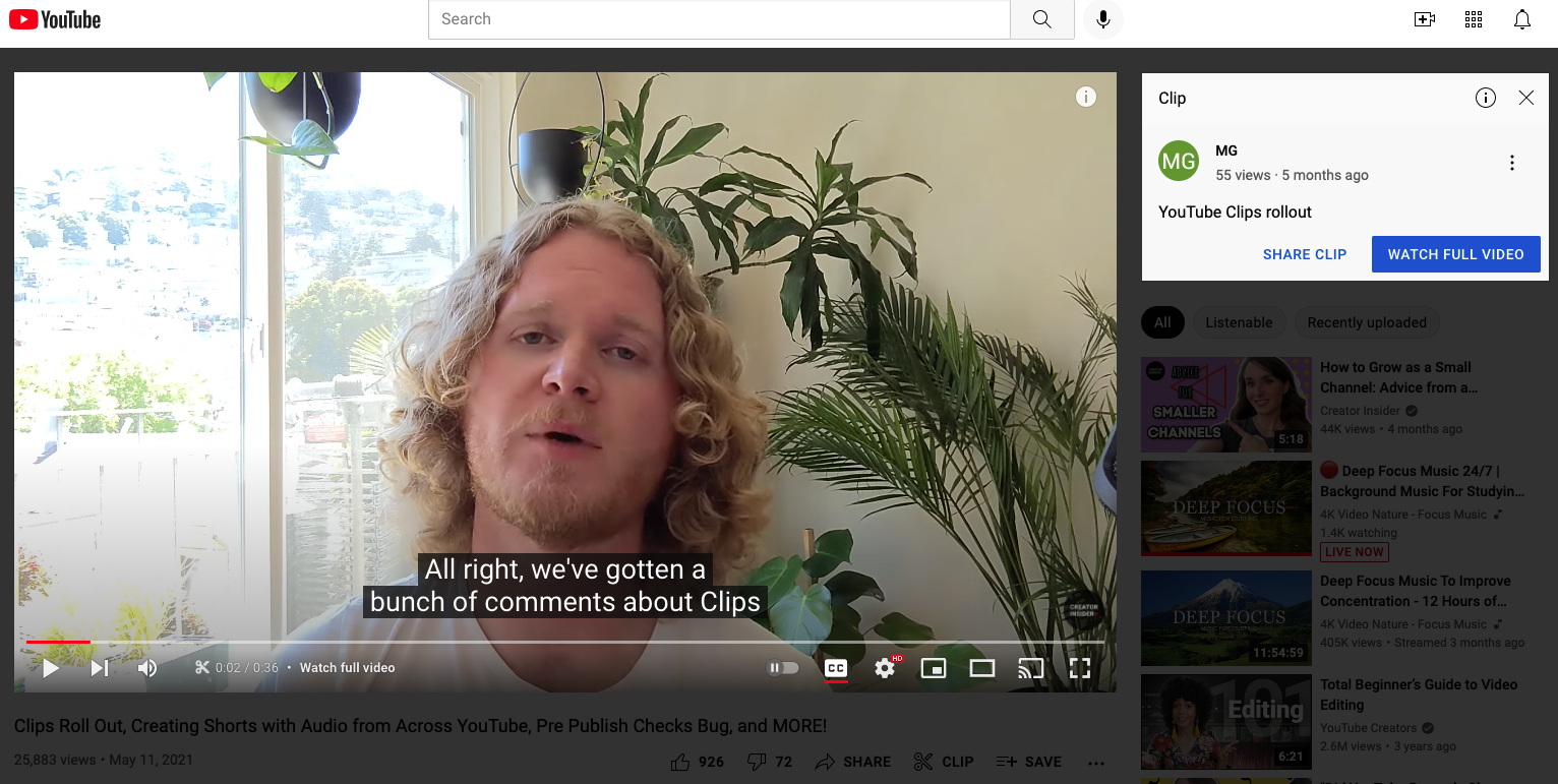 Clipped video of YouTube Clips rollout