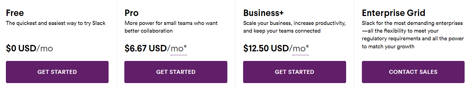 Screenshot of Slack's pricing tiers as an example of different budgets.