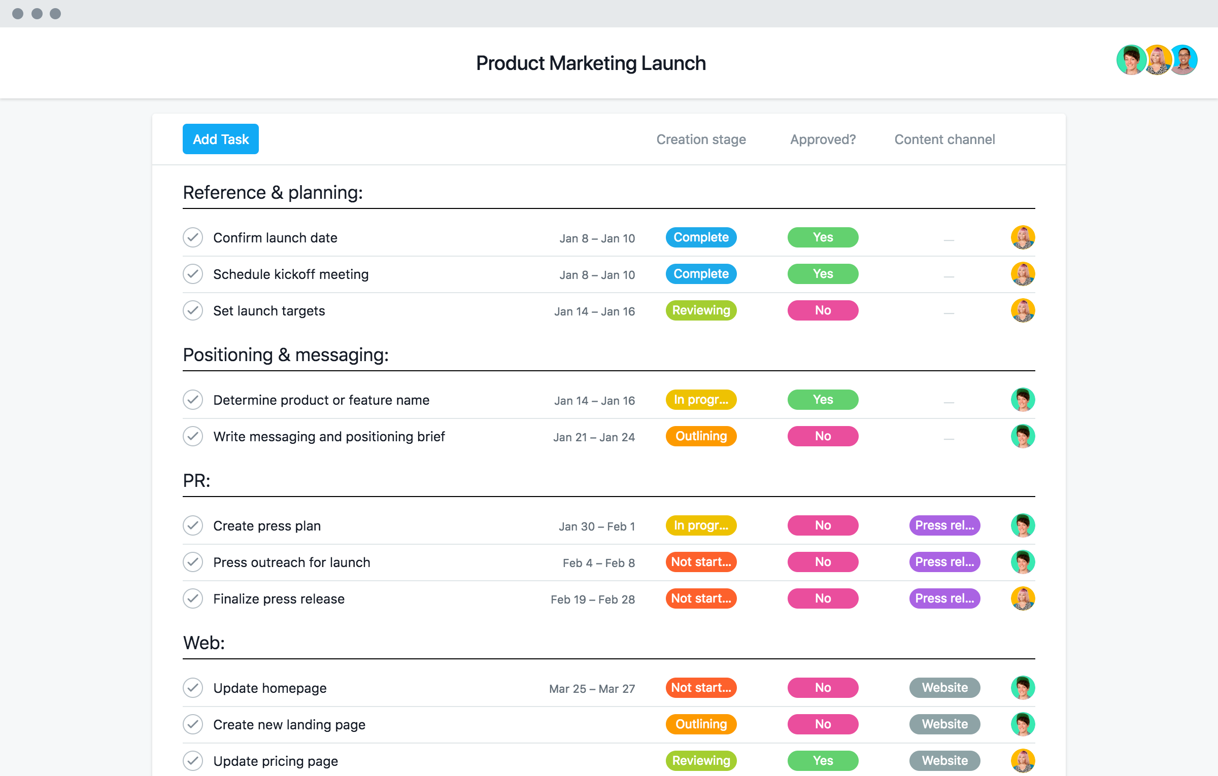 Screenshot of Asana project management