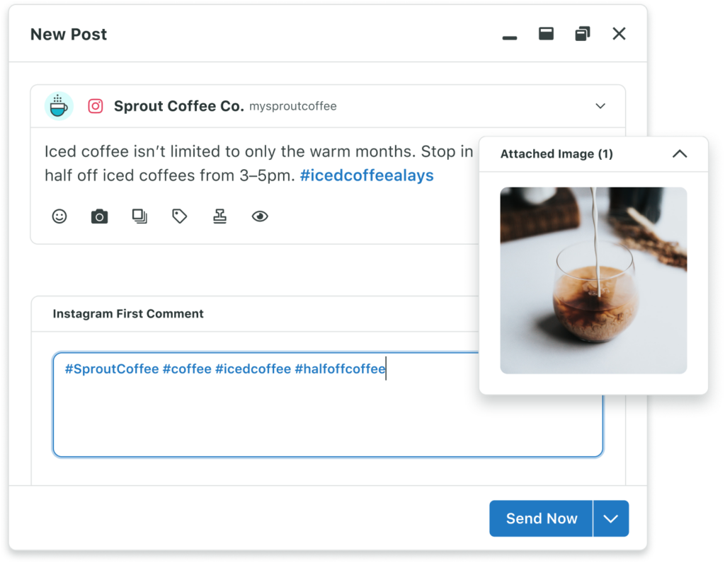 Screenshot of Sprout Social Instagram post compose screen and first comment scheduling.