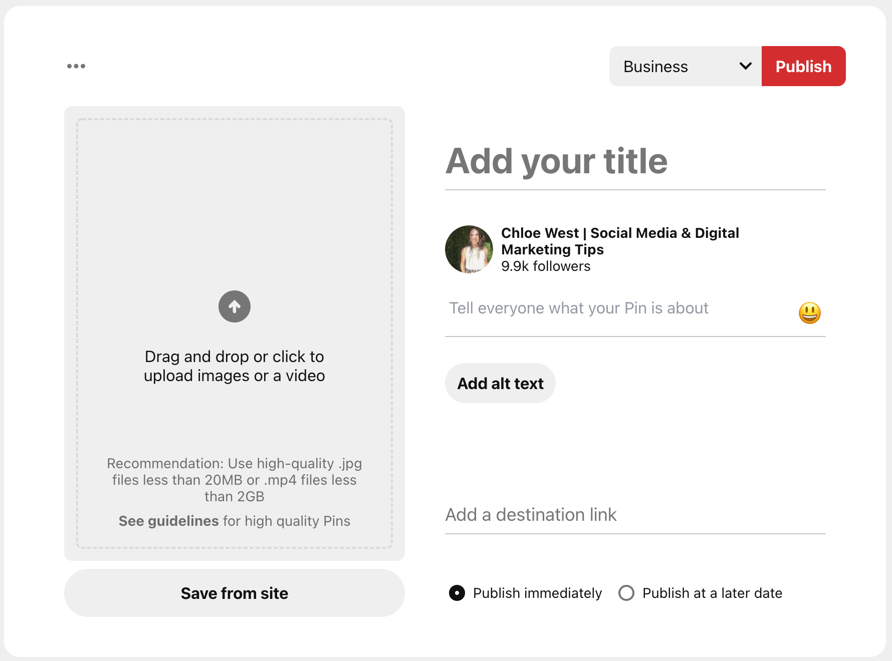 Screenshot of a blank Pin template on Pinterest.