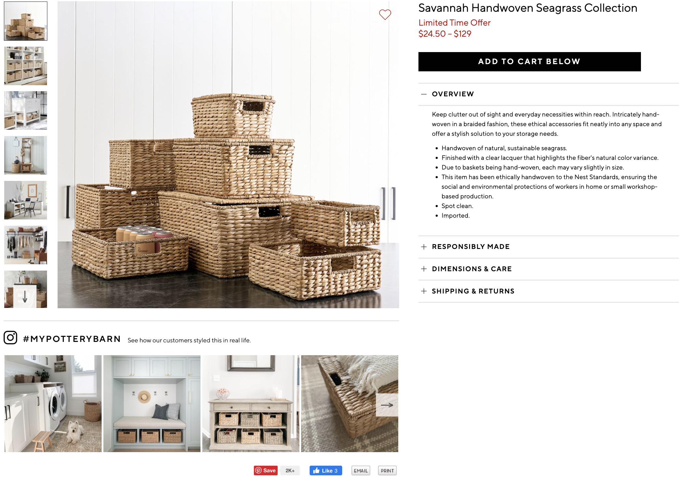 A screenshot of a Pottery Barn product page with a Pinterest save button.