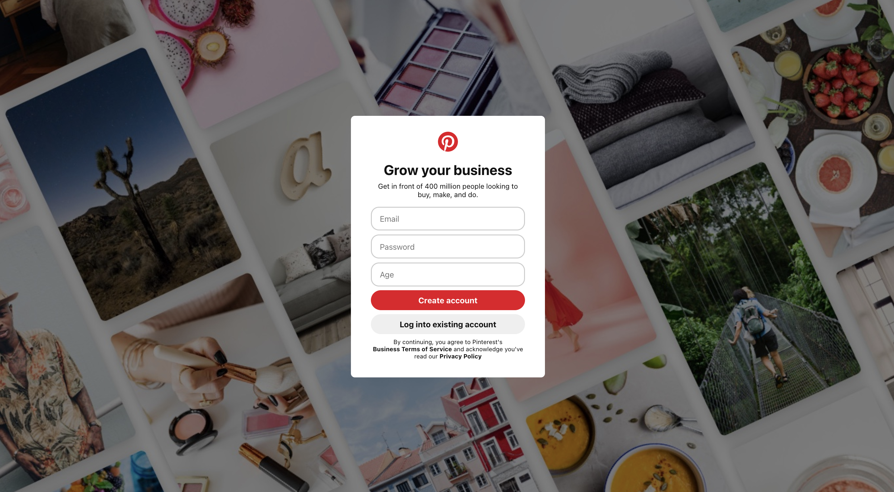 Screenshot of the signup page on Pinterest.