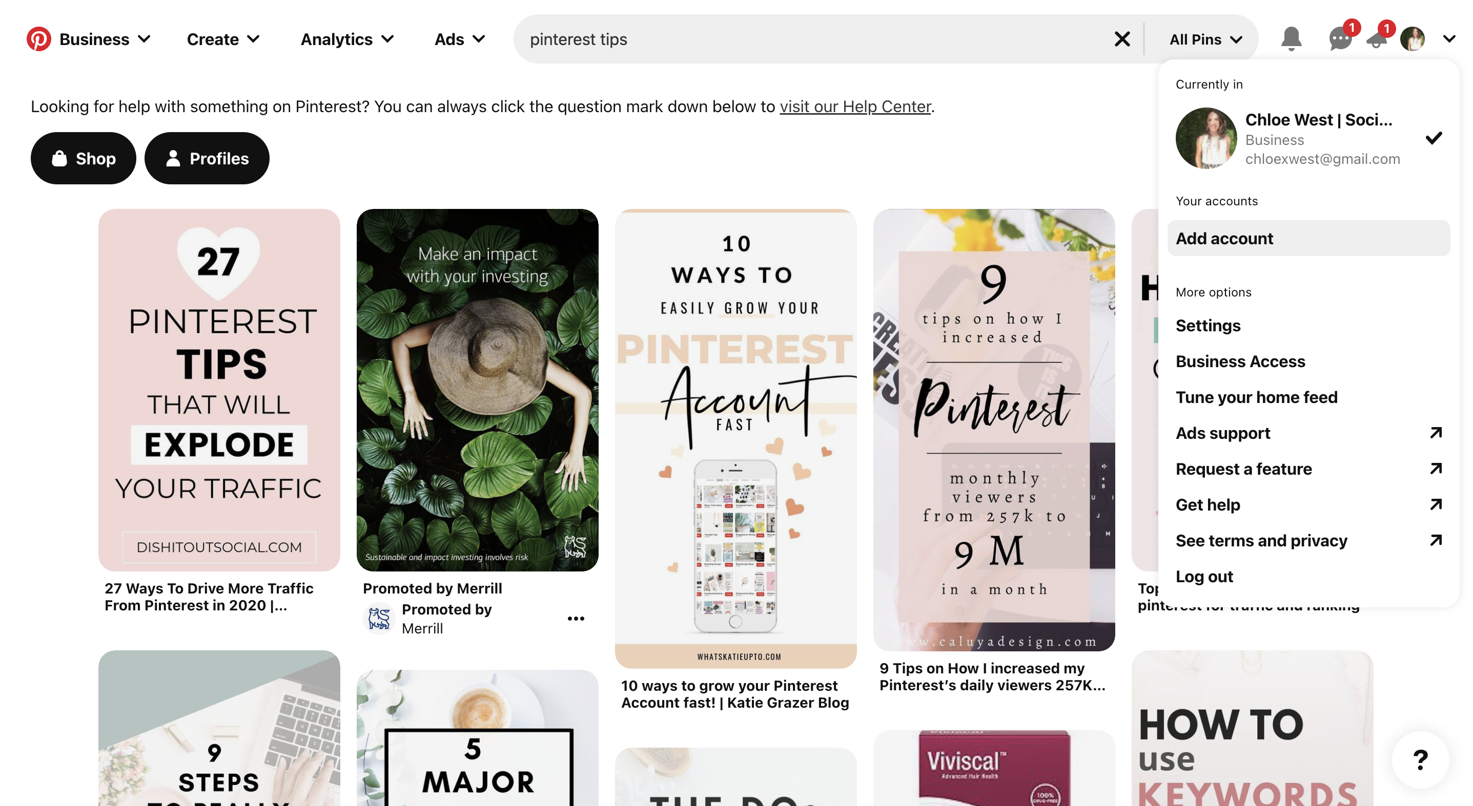 Screenshot of the Pinterest account dropdown menu open.