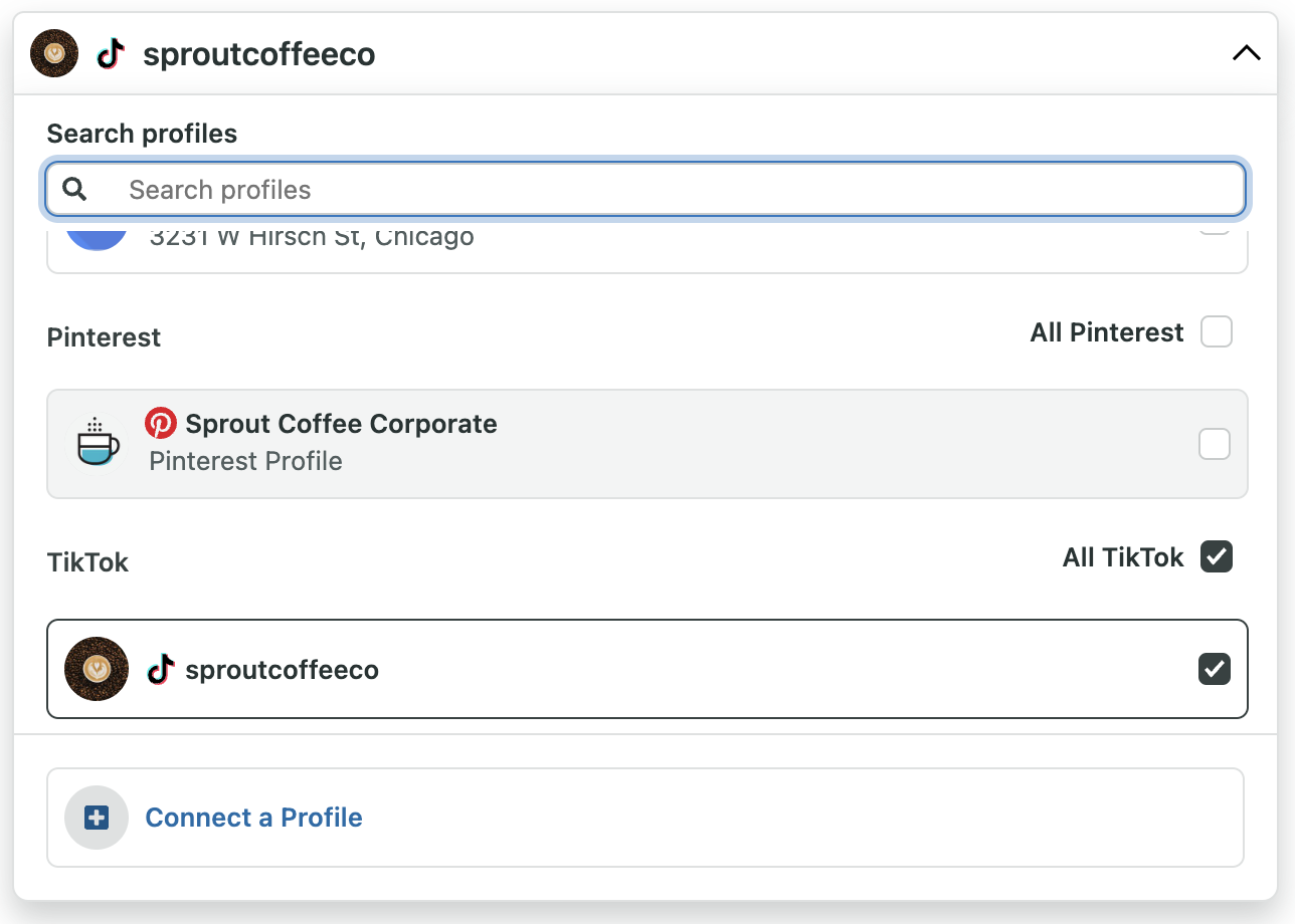 A screenshot of the dropdown menu in Sprout Social's post composer where you can select one or more social handles and profiles to post one