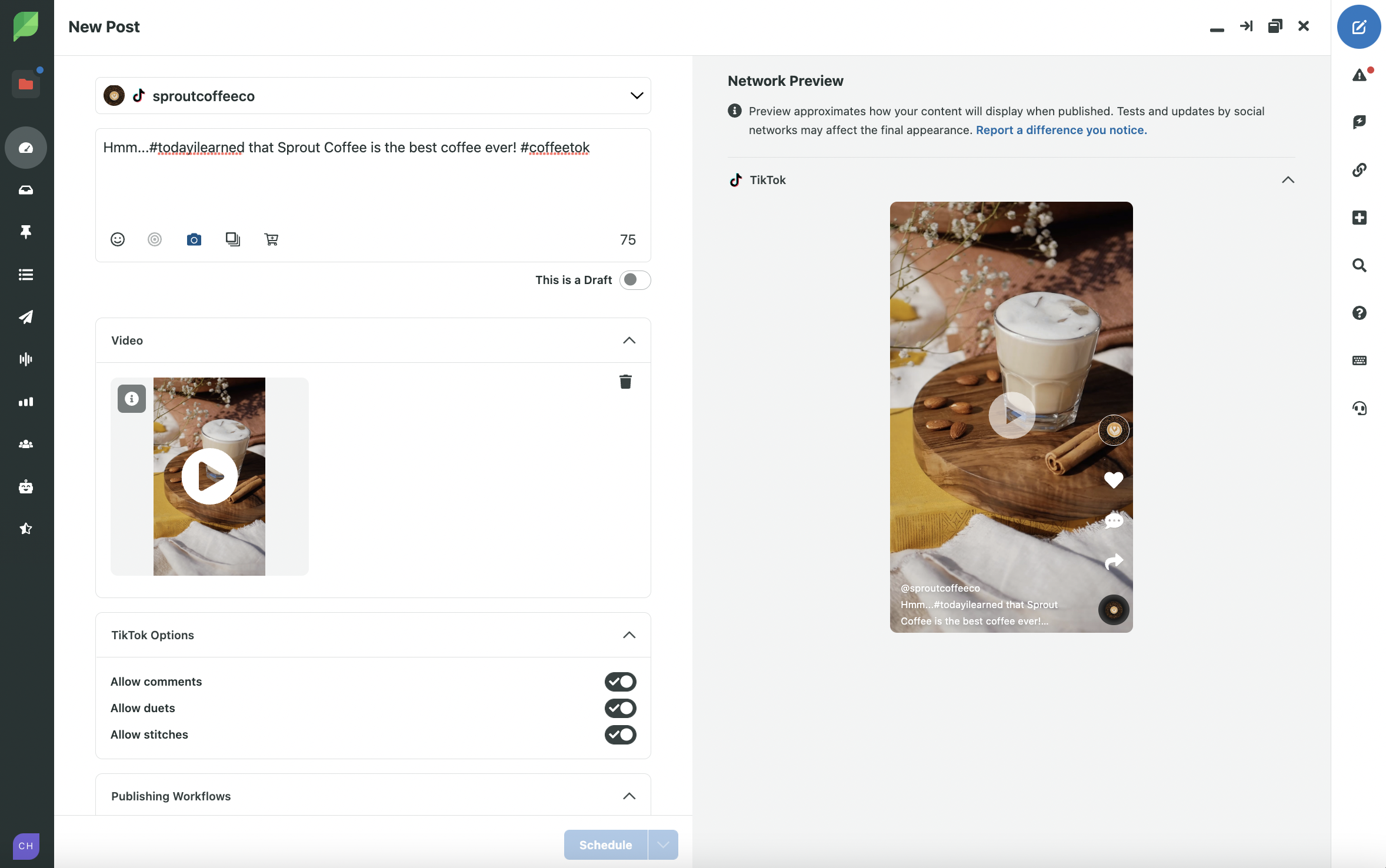 A screenshot of the new post window in Sprout where a TikTok post is being scheduled and there are privacy options that you can toggle on and off.